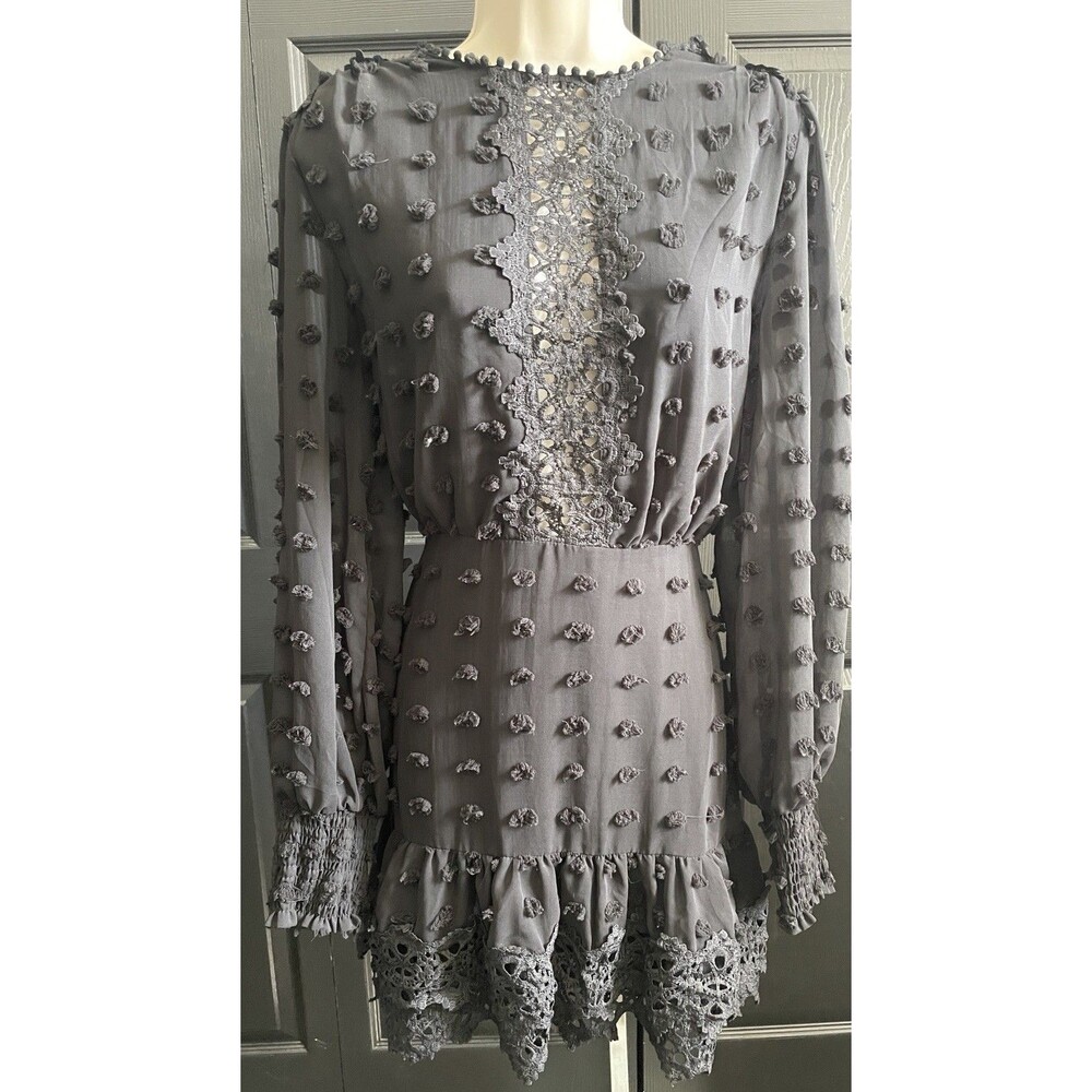 Just Me Black Swiss Dot Dress M Crochet Lace Boho Cottagecore Whimsigoth Party